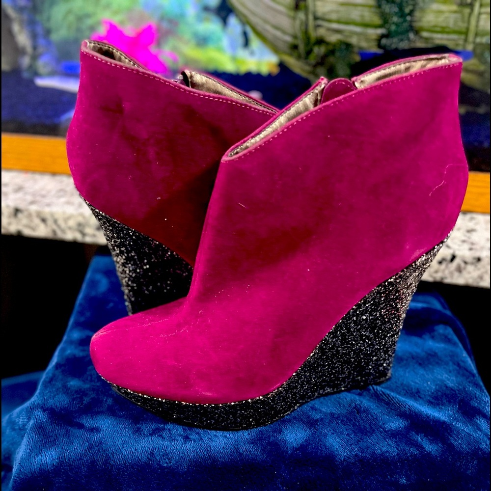Michael Antonio Cranberry Velvet 5 inch Booties with glitter bottoms.